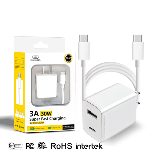 30W USB-C and USB-A Dual Port Wall Charger ETL with Type-C to Type-C Cable