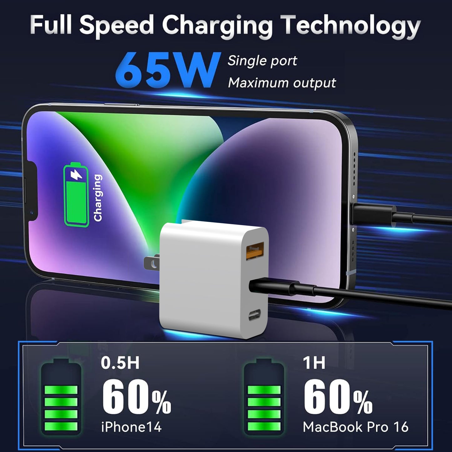 65W Laptop Charger Adapter with Foldable Socket