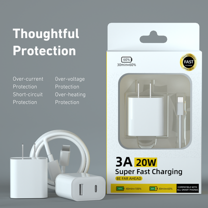 20W USB-C and USB-A Dual Port Wall Charger ETL with Type-C to Type-C Cable