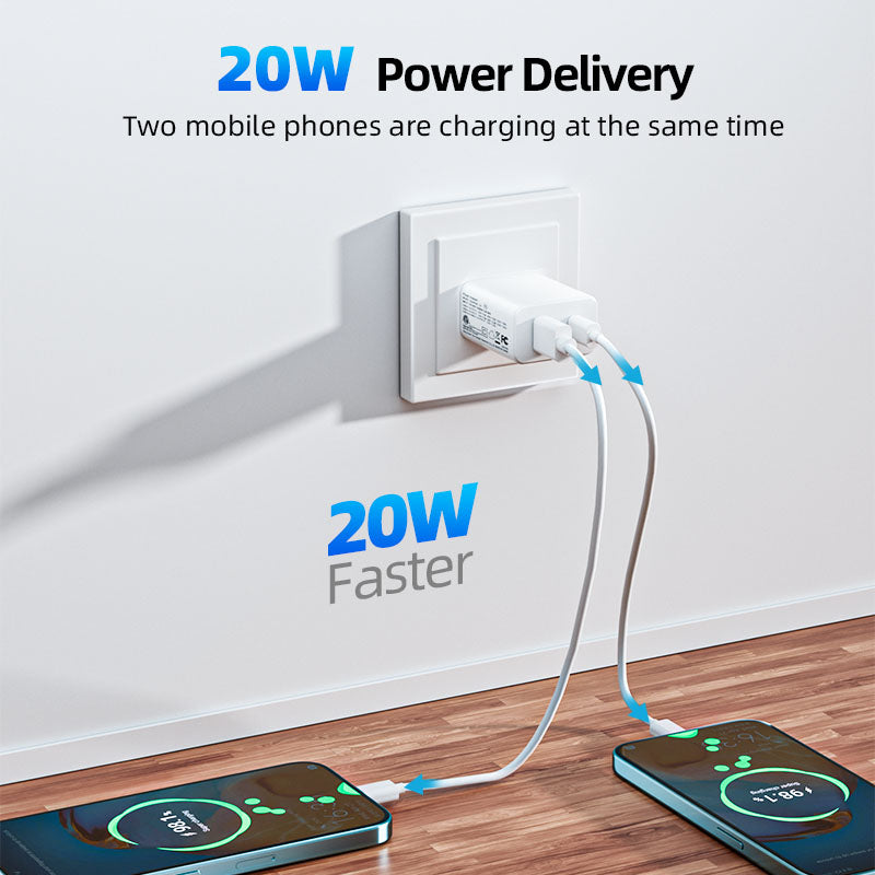 20W USB-C and USB-A Dual Port Wall Charger ETL with Type-C to Type-C Cable