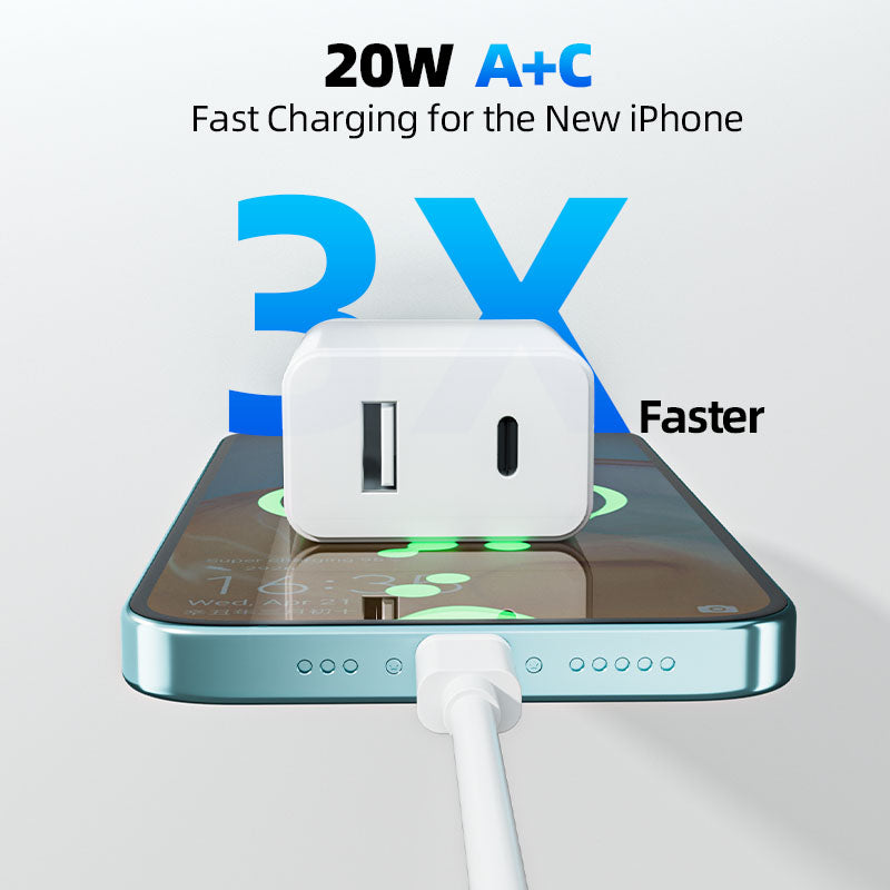 20W USB-C and USB-A Dual Port Wall Charger ETL with Type-C to Type-C Cable