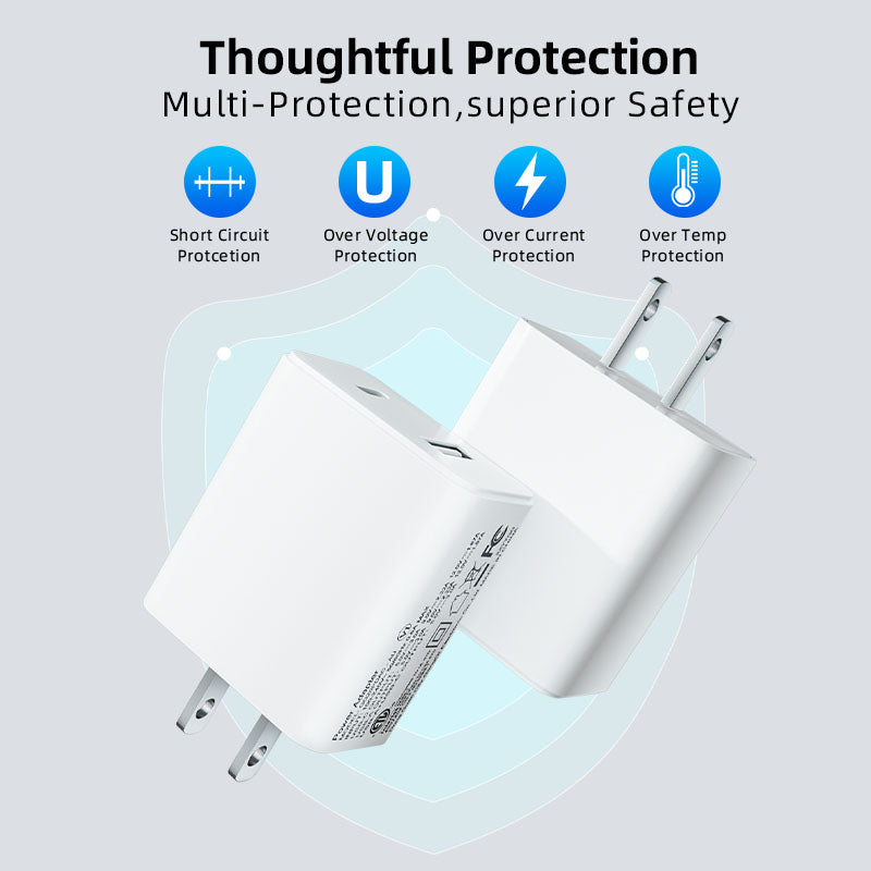 20W USB-C and USB-A Dual Port Wall Charger ETL with Type-C to Type-C Cable